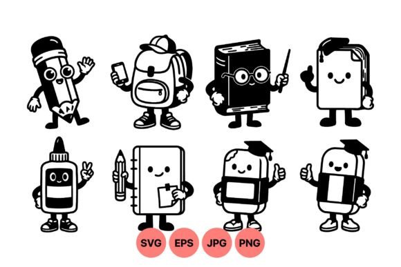 Cute School Supply Characters SVG: Graphics & Illustrations
